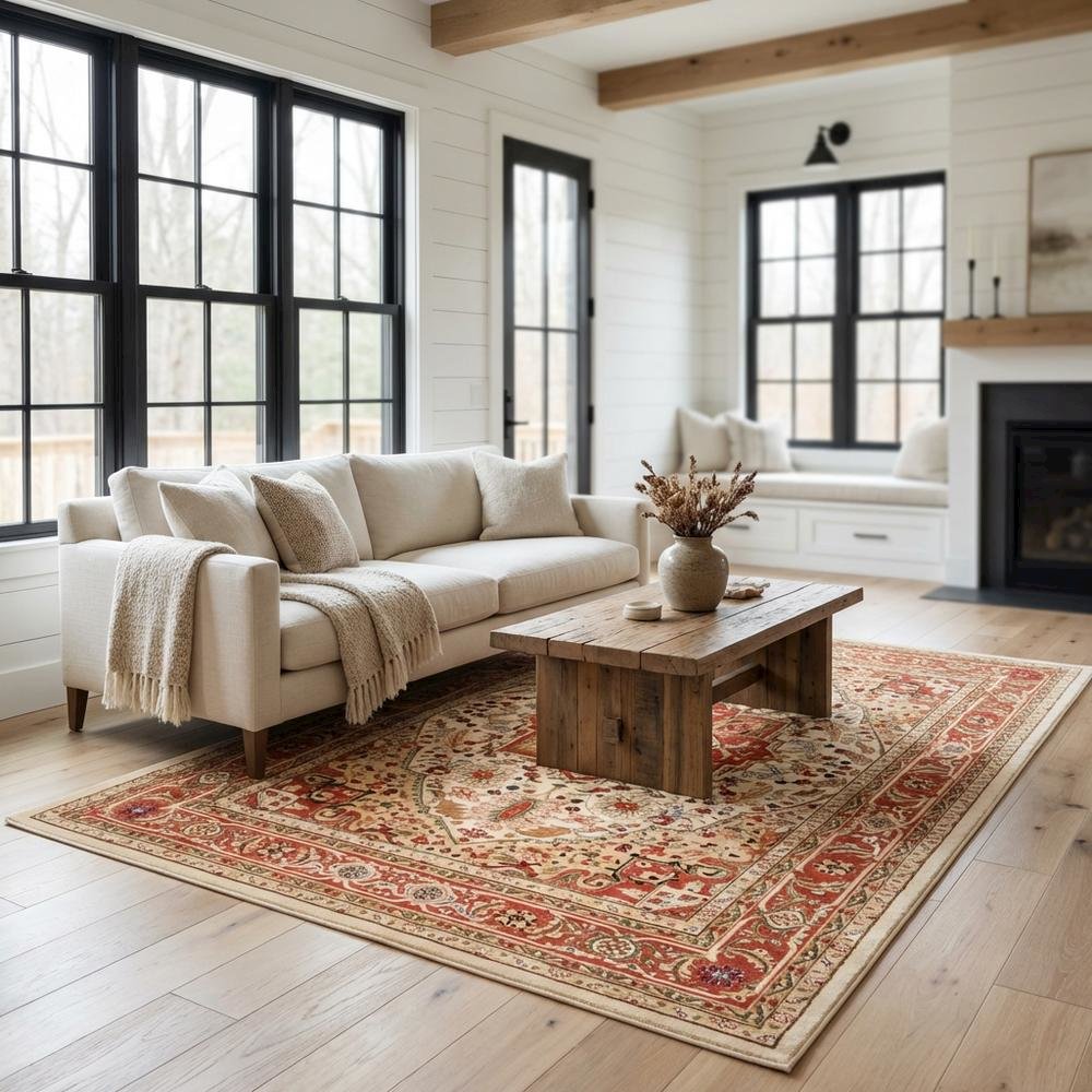 Ivory and Rust Area Rug with Power Loomed Polypropylene Pile and Jute Backing