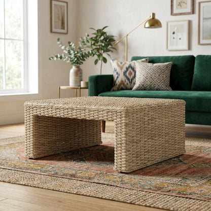 Natural Rattan Wicker Coffee Table with Sturdy Frame and Spacious Surface