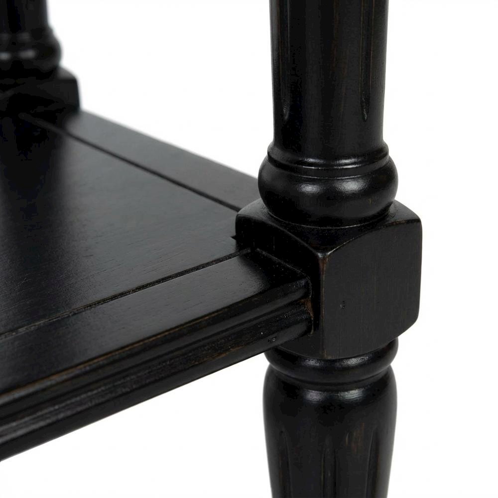 Black wooden console table with two drawers and sleek design