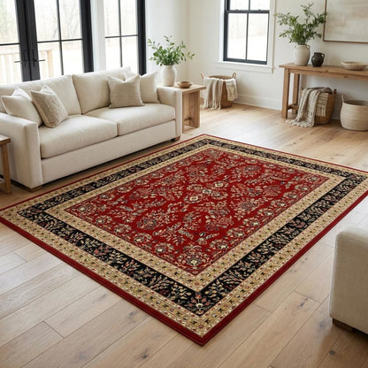 Red and Black Area Rug with Power Loomed Construction and Jute Backing