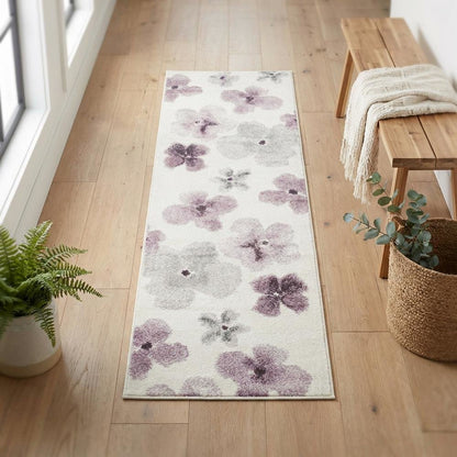 Ivory and Purple Area Rug with Power Loomed Polypropylene Pile Runner Style