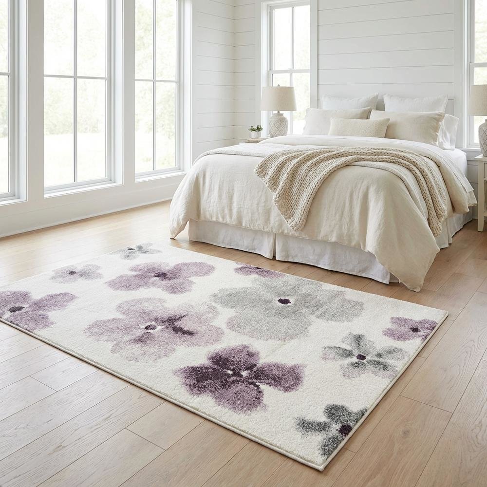 Ivory and Purple Area Rug with Power Loomed Polypropylene Pile, Rectangle Design