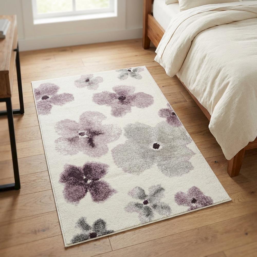 Ivory and Purple Area Rug with Power Loomed Polypropylene Pile, Rectangle Design