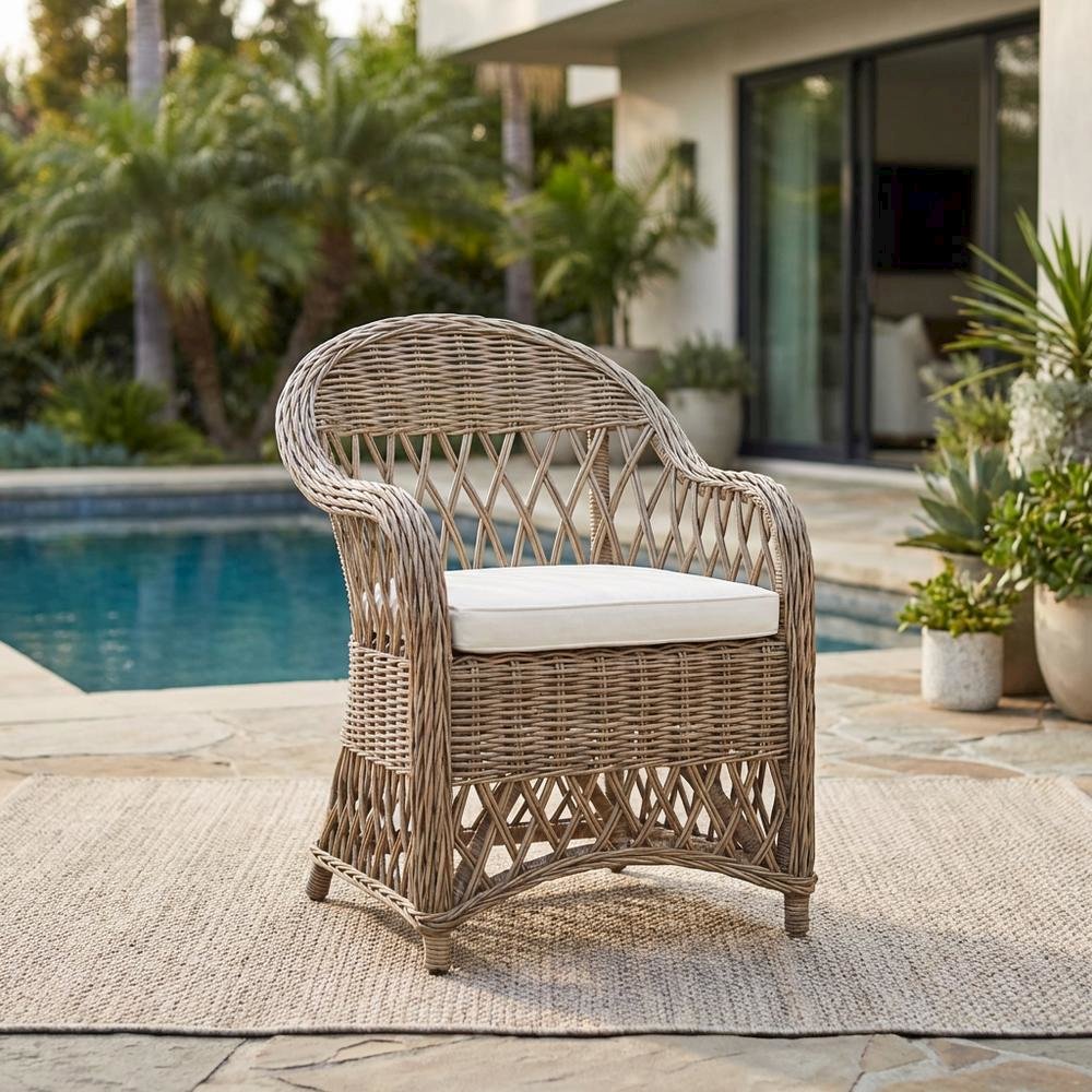 Outdoor Wicker Club Chair in White with Rattan Frame and Cotton Fabric