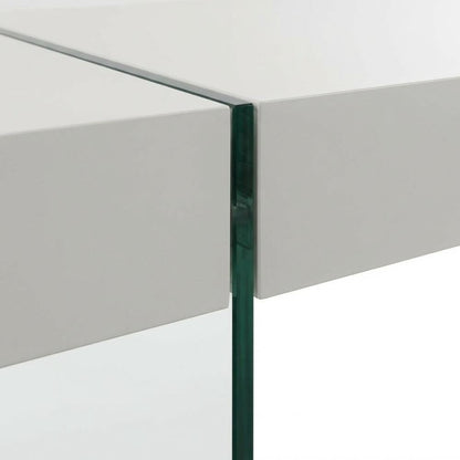 Modern white glass top coffee table with clear glass legs and sturdy MDF frame