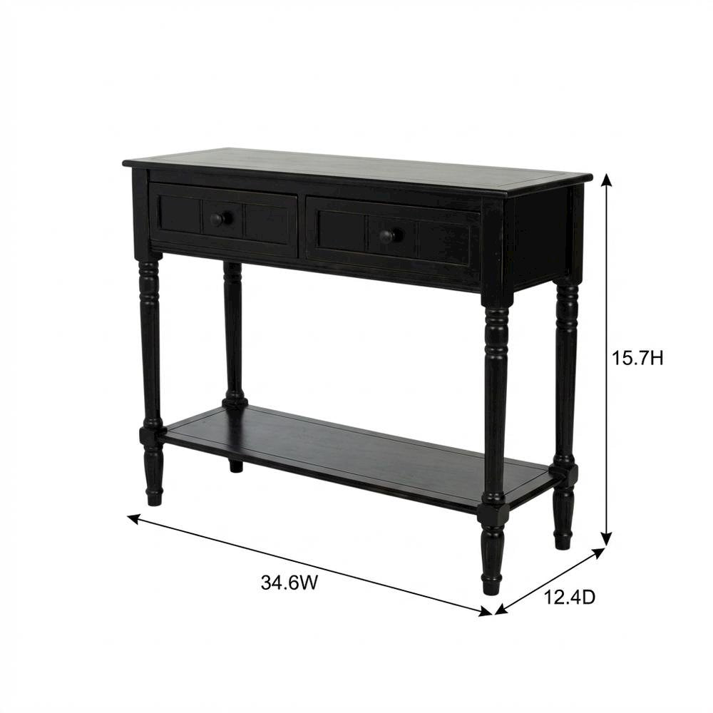 Black wooden console table with two drawers and sleek design