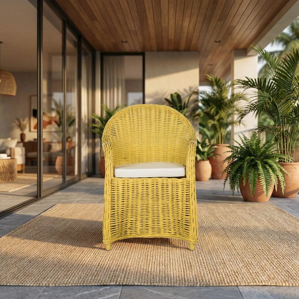 Outdoor White Rattan Wicker Club Chair With Armrests And Cushioned Seat