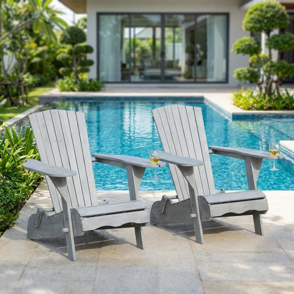 Set Of 2 Grey Wash Eucalyptus Adirondack Chairs For Outdoor Use