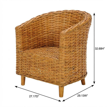 Outdoor Rattan Barrel Chair With White Cotton Fabric And Honey Oak Finish