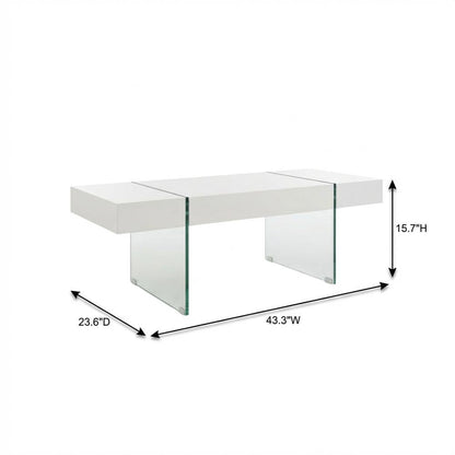 Modern white glass top coffee table with clear glass legs and sturdy MDF frame