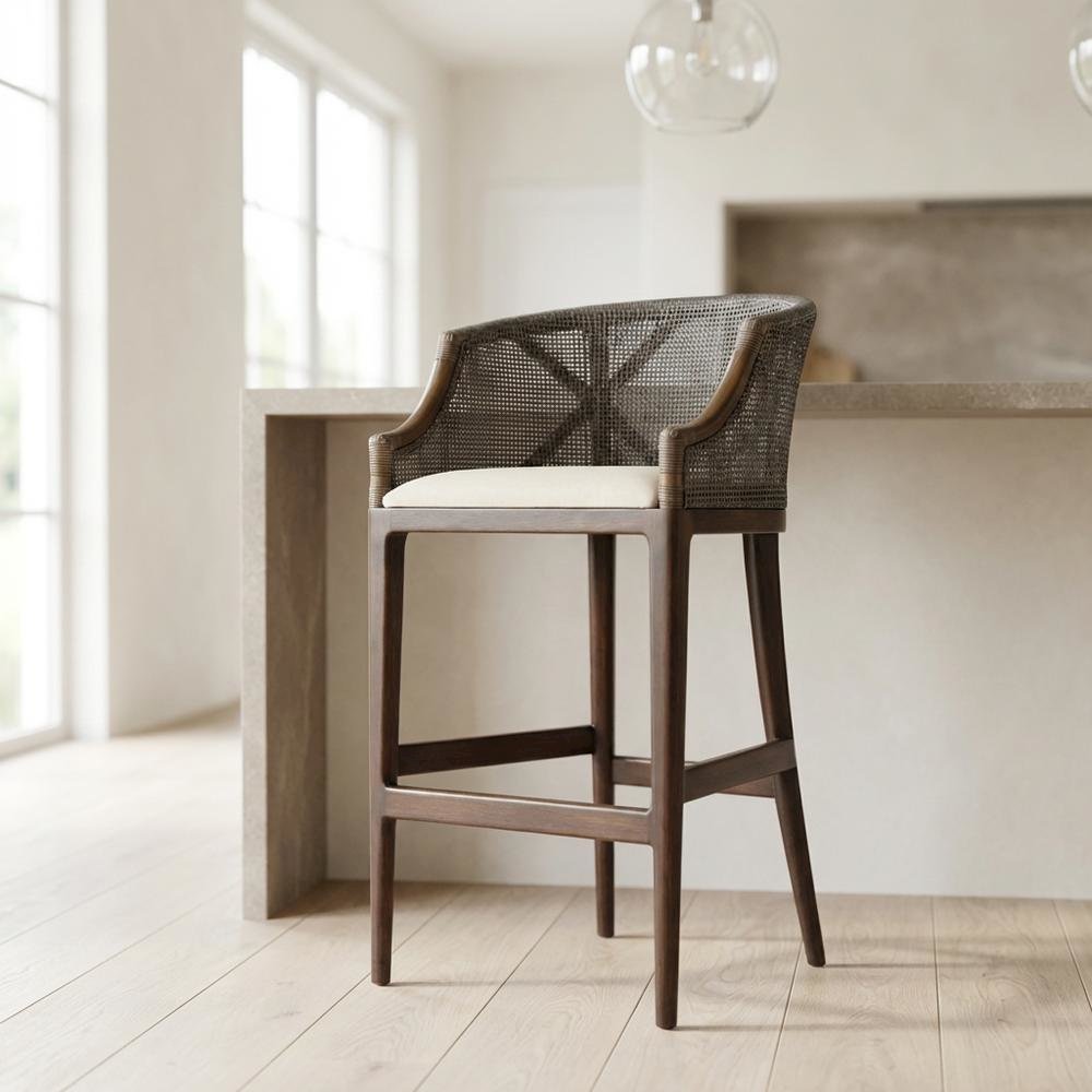 White Artisan Bar Stool with Foam Cushion and Wood Frame for Lounge