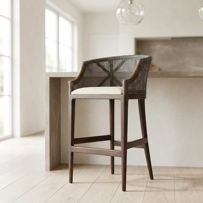 White Artisan Bar Stool with Foam Cushion and Wood Frame for Lounge
