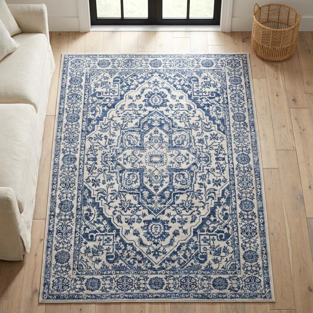 Navy and Light Grey Area Rug, Power Loomed Construction, Jute Backing, Rectangle
