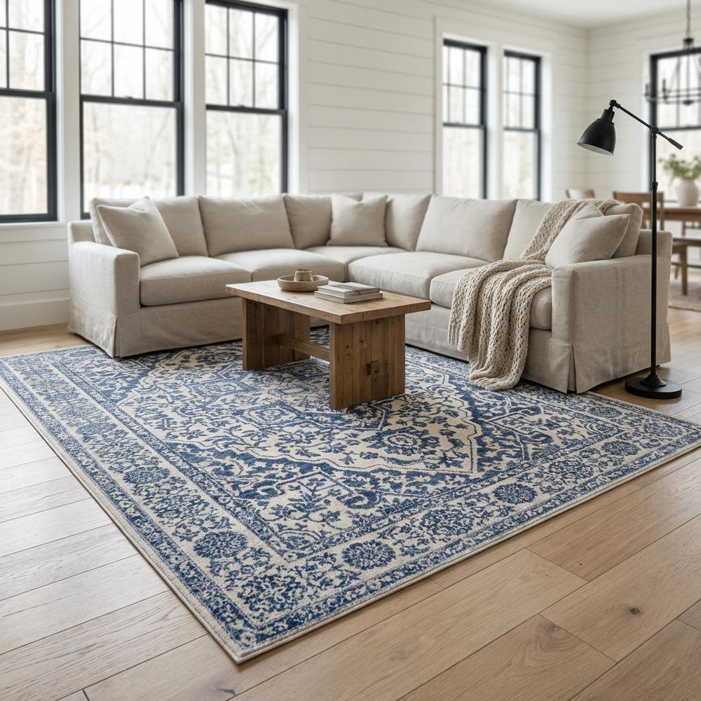 Navy and Light Grey Area Rug with Jute Backing and Power Loomed Construction