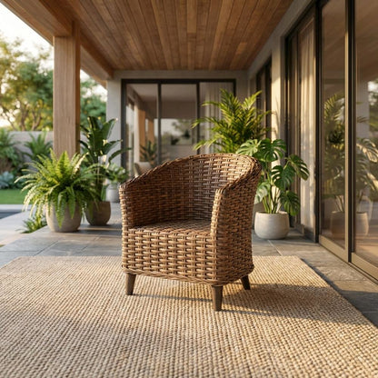Outdoor Rattan Barrel Chair With White Polyester Cotton Fabric And Foam Cushion