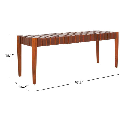 Amalia Leather Weave Bench, Cognac/Honey