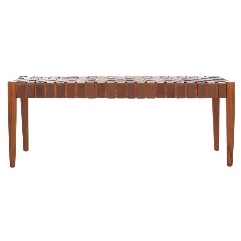 Amalia Leather Weave Bench, Cognac/Honey
