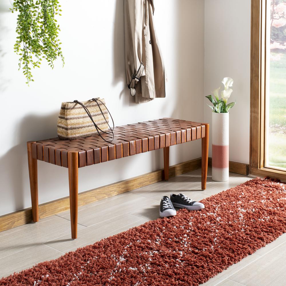 Amalia Leather Weave Bench, Cognac/Honey