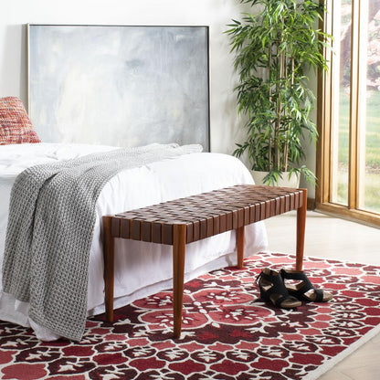 Amalia Leather Weave Bench, Cognac/Honey