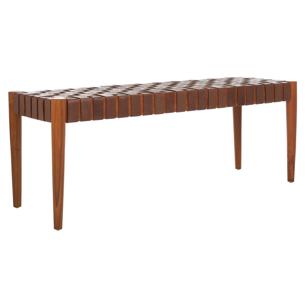 Amalia Leather Weave Bench, Cognac/Honey