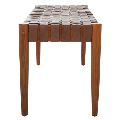 Amalia Leather Weave Bench, Cognac/Honey