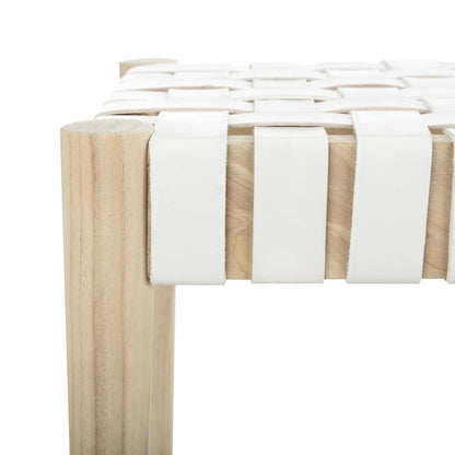 Amalia Leather Weave Bench, White/Light Oak