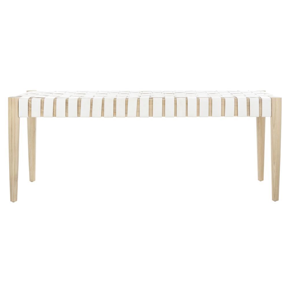 Amalia Leather Weave Bench, White/Light Oak