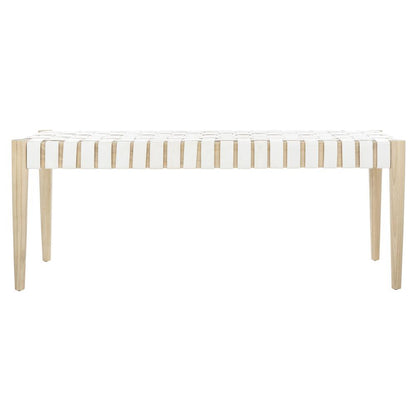 Amalia Leather Weave Bench, White/Light Oak