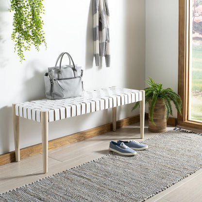 Amalia Leather Weave Bench, White/Light Oak