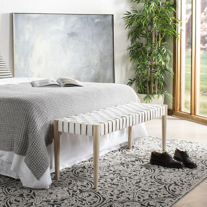 Amalia Leather Weave Bench, White/Light Oak