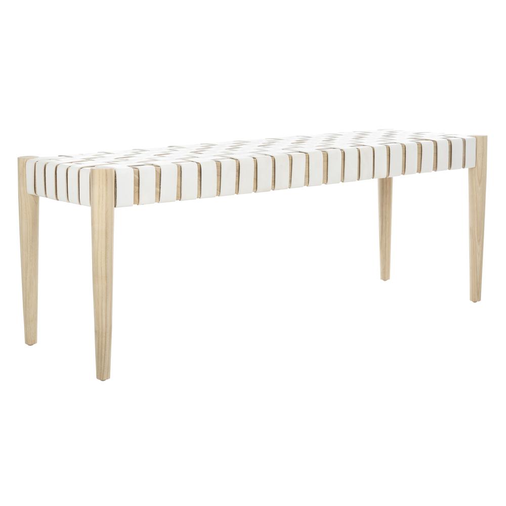 Amalia Leather Weave Bench, White/Light Oak