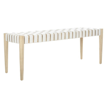 Amalia Leather Weave Bench, White/Light Oak