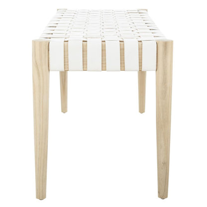 Amalia Leather Weave Bench, White/Light Oak
