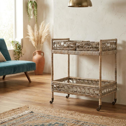 Grey Rattan Bar Cart with 2 Tiers, Antique Brass accents for stylish serving