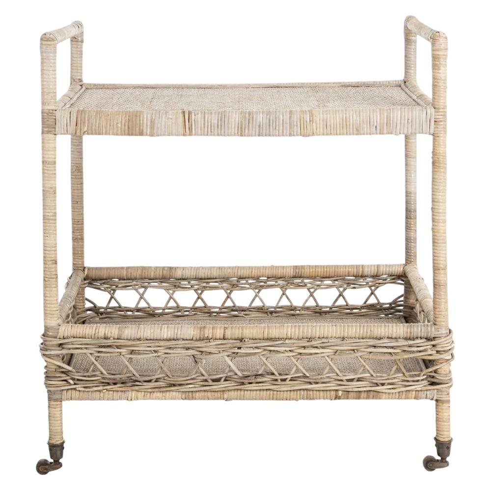 Grey Rattan Bar Cart with 2 Tiers, Antique Brass accents for stylish serving
