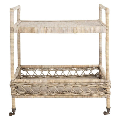 Grey Rattan Bar Cart with 2 Tiers, Antique Brass accents for stylish serving
