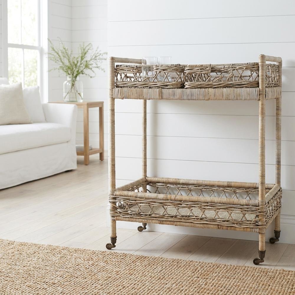 Grey Rattan Bar Cart with 2 Tiers, Antique Brass accents for stylish serving
