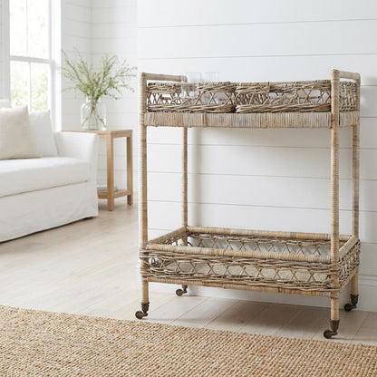 Grey Rattan Bar Cart with 2 Tiers, Antique Brass accents for stylish serving