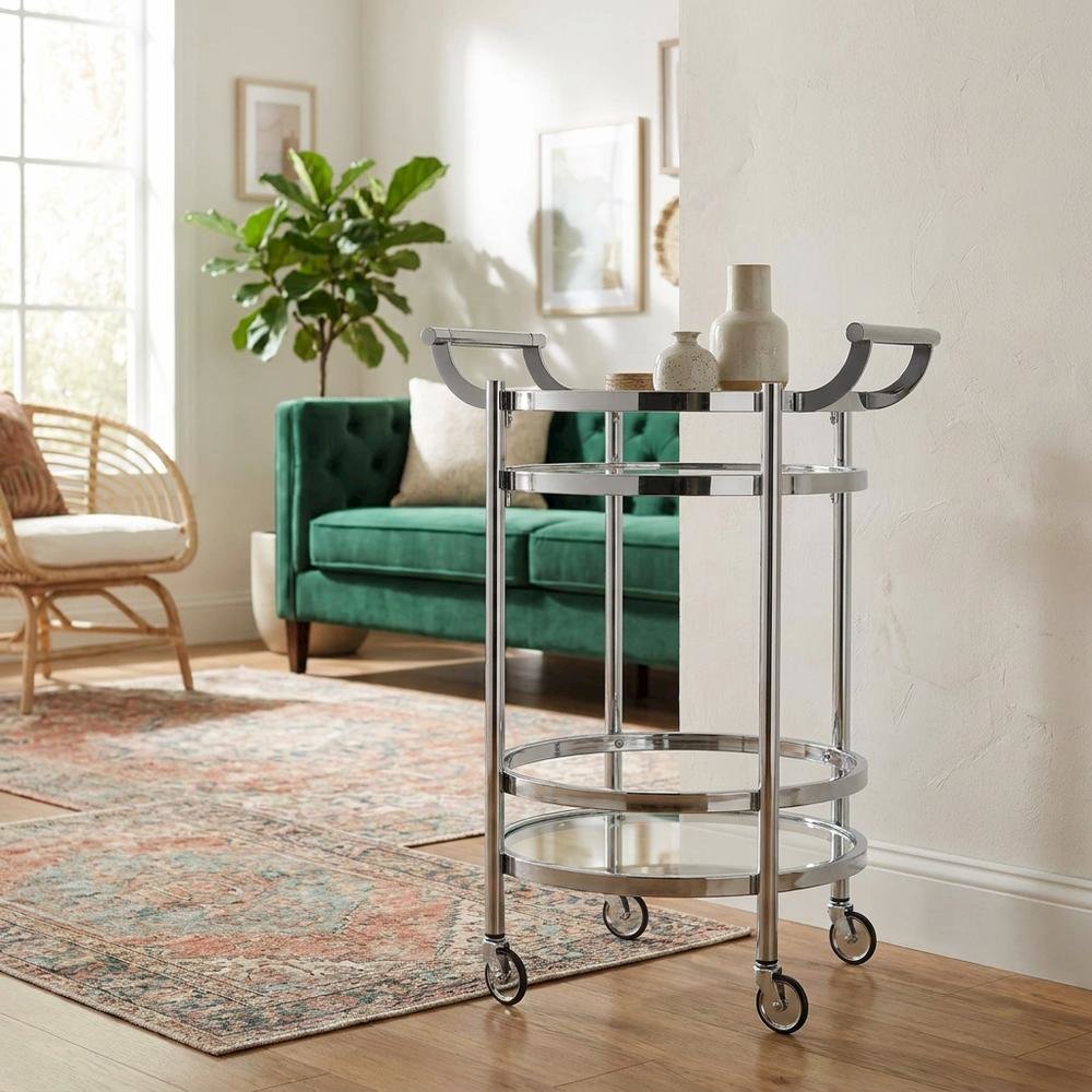 Chrome 2-Tier Round Bar Cart with Metal Frame and Spacious Shelves
