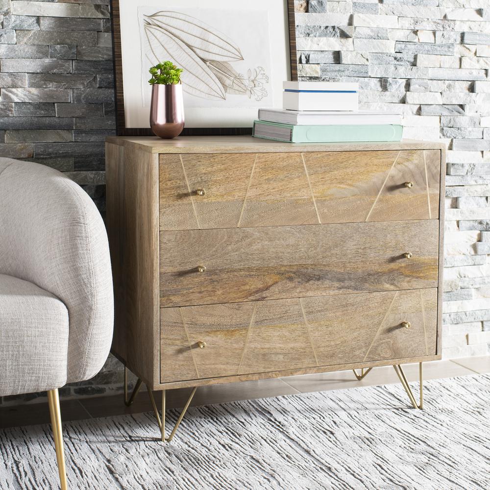 Marigold 3 Drawer Chest, Natural/Brass