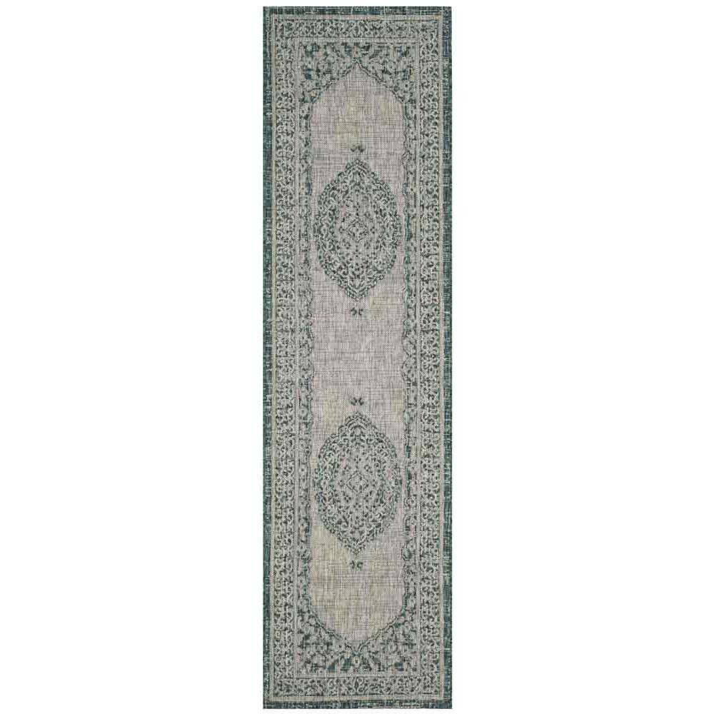 COURTYARD, LIGHT GREY / TEAL, 2'-3" X 12', Area Rug