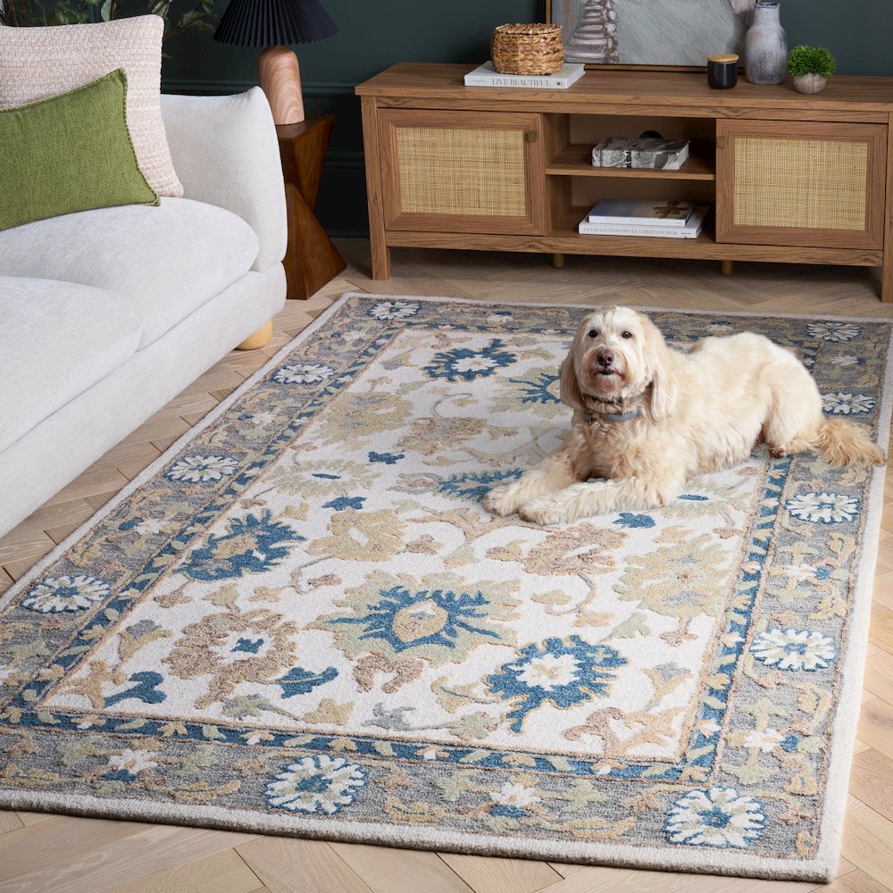 Ebony Floral Bordered Hand-Tufted Wool Rug - Ivory / Grey - 4'-0" X