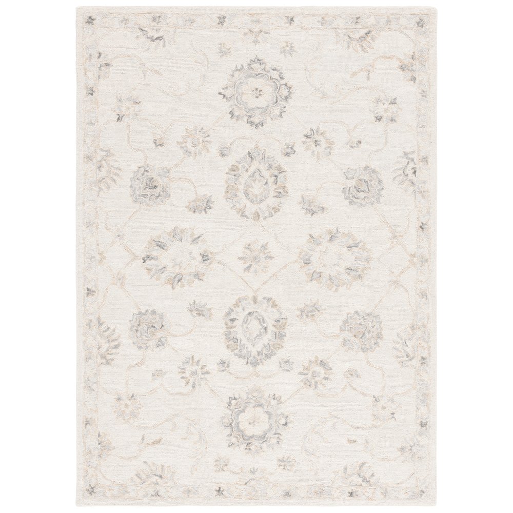 Ebony Floral Bordered Hand-Tufted Wool Rug - Ivory / Grey - 5'-0" X