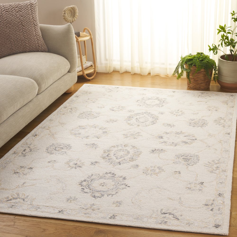 Ebony Floral Bordered Hand-Tufted Wool Rug - Ivory / Grey - 5'-0" X