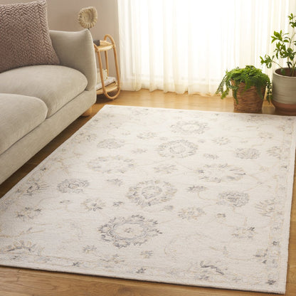 Ebony Floral Bordered Hand-Tufted Wool Rug - Ivory / Grey - 5'-0" X