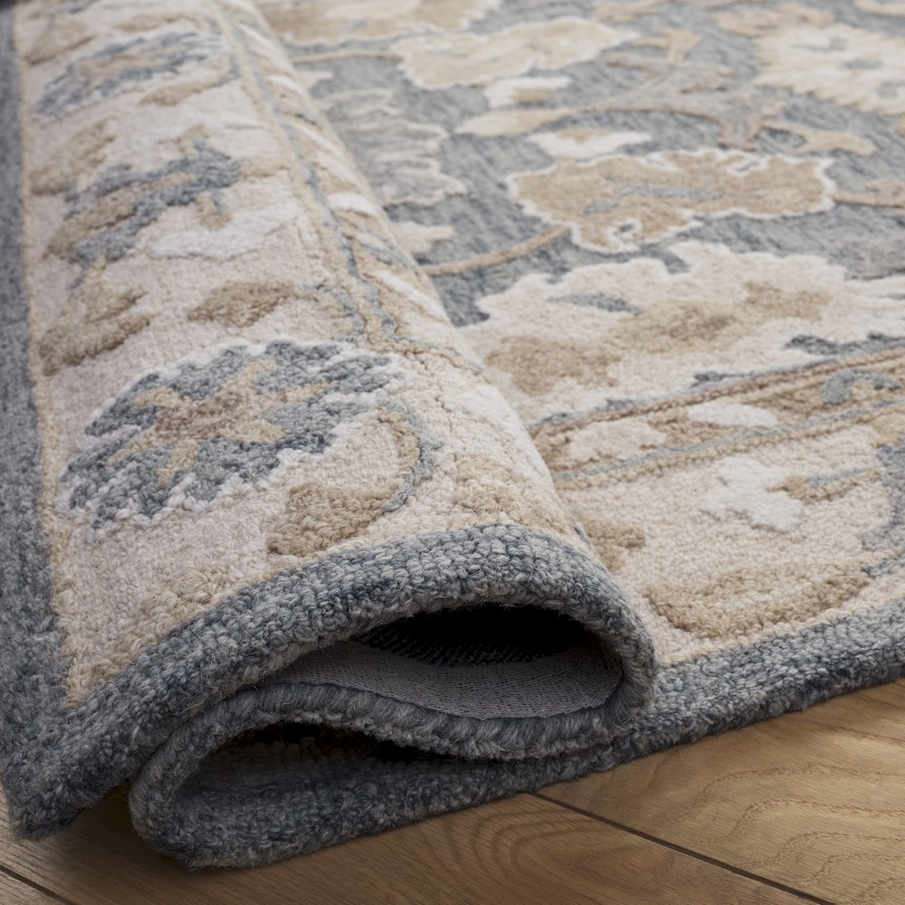 Ebony Floral Bordered Hand-Tufted Wool Rug - Grey / Beige - 2'-3" X
