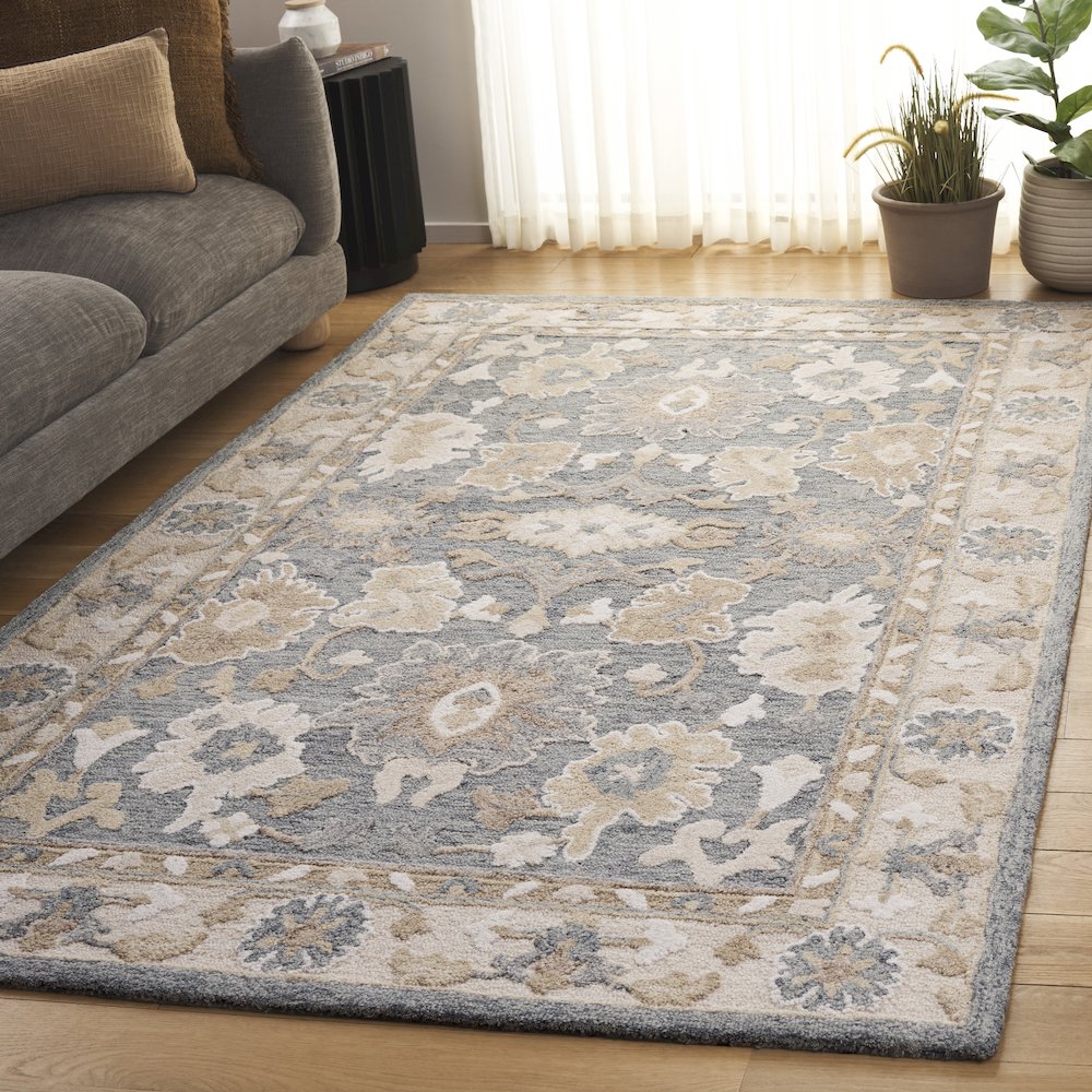 Ebony Floral Bordered Hand-Tufted Wool Rug - Grey / Beige - 3'-0" X