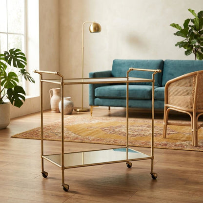 Gold Metal Bar Cart with Casters and Single Shelf for Stylish Entertainment