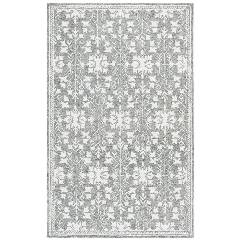 Metro Botanical Tile Hand-Tufted Wool Rug - Grey / Ivory - 4'-0" X