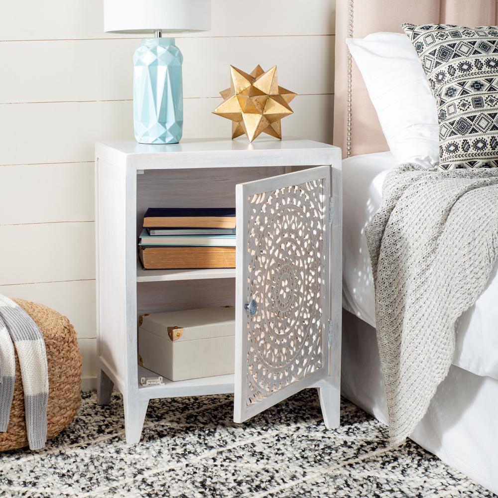 Thea 1 Door Carved Nightstand, White Wash